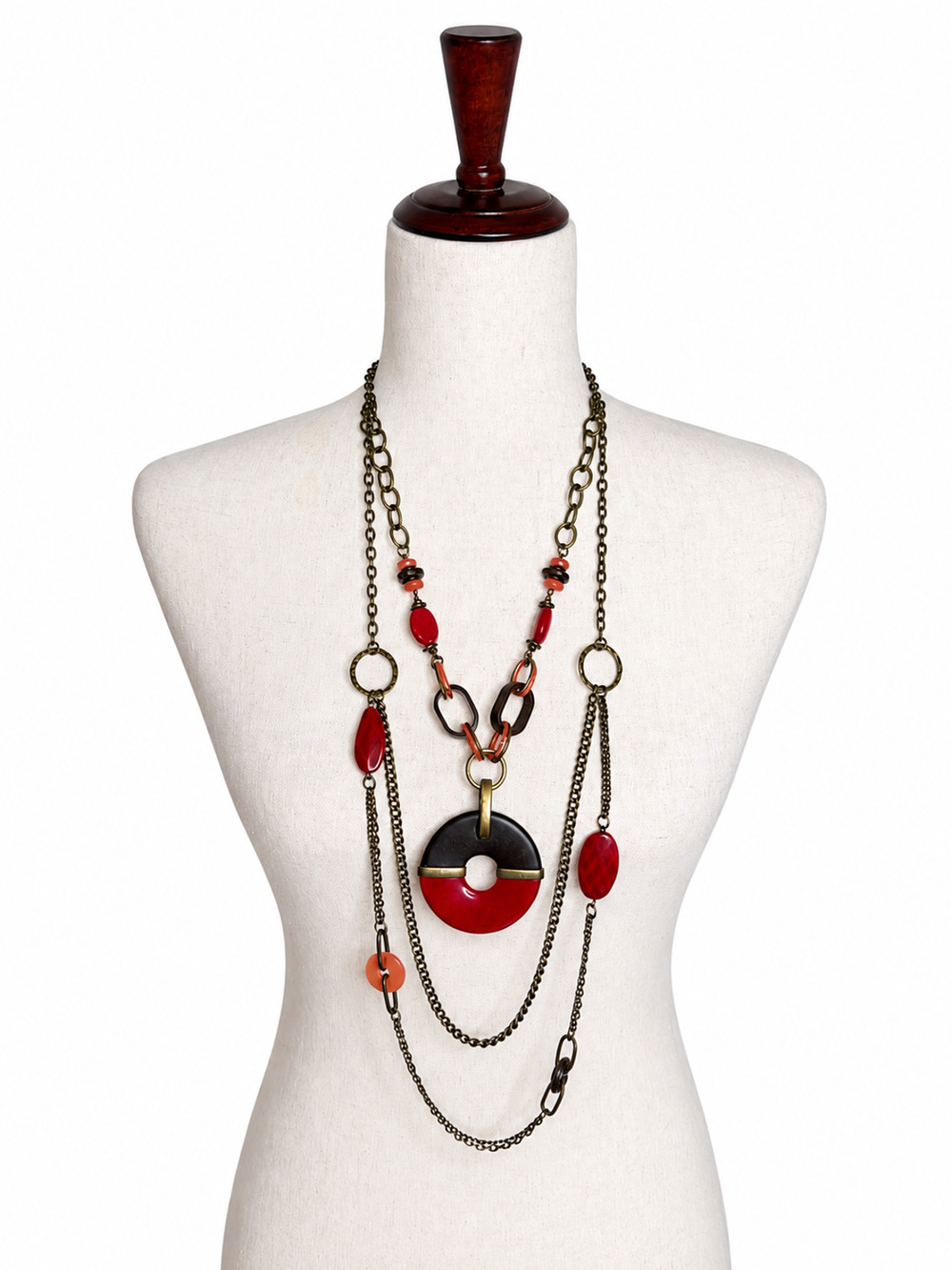Convertible Multi Wear Statement Necklace Red Acrylic Pendant Layered Bronze